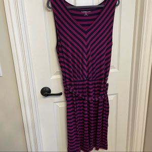 Purple blue striped v neck soft dress, waist tie